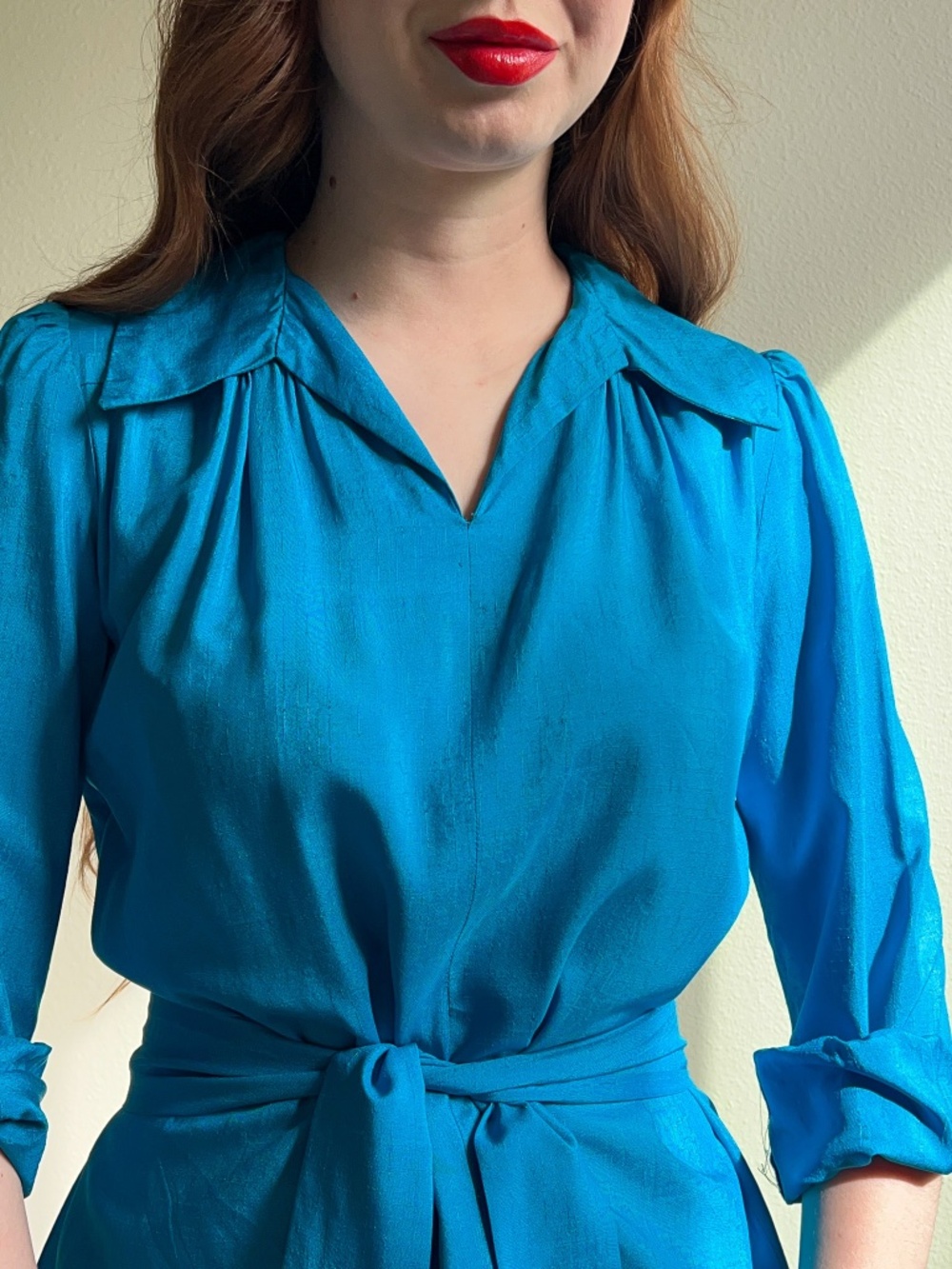 Vintage 1970s Teal Silk Dress With Tie (M) - Picture 2 of 15